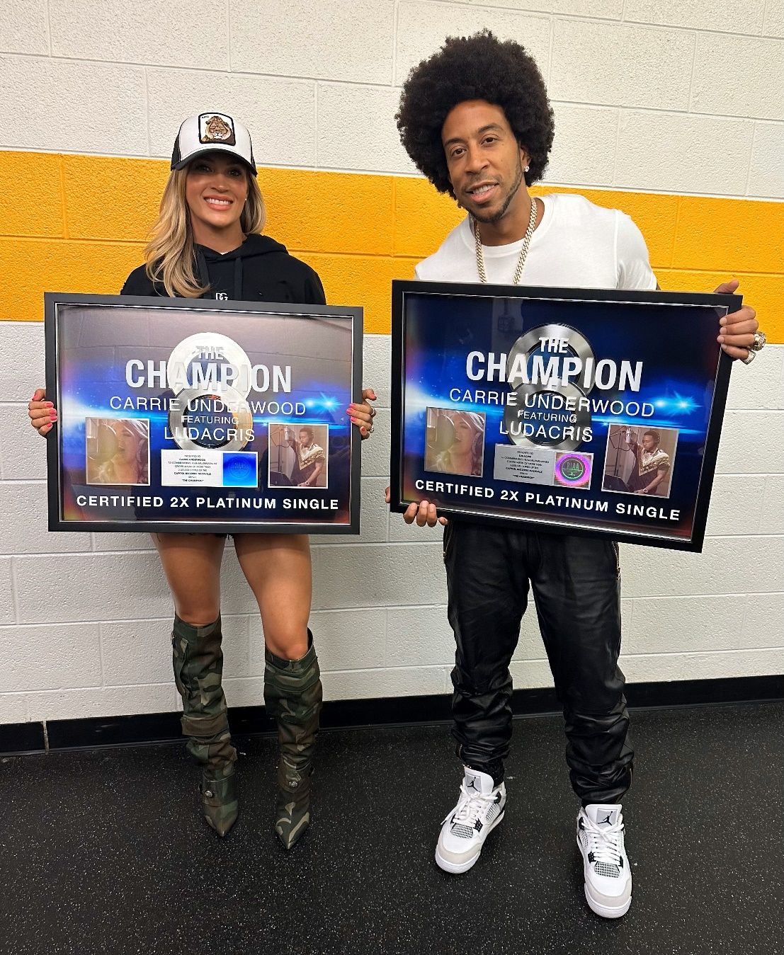 Carrie Underwood and Ludacris Celebrate RIAA Double Platinum for “The Champion”